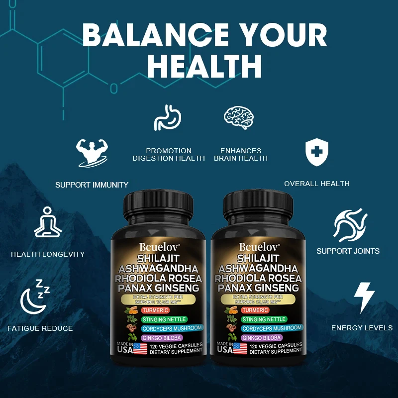 Shilajit Pure Himalayan with Ashwagandha, Rhodiola, Ginseng, Men & Women Supplement - Brain, Energy, Joints, Immunity