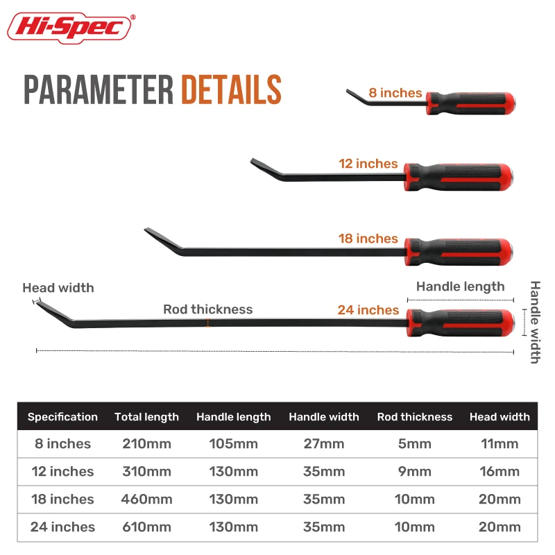 Hi-Spec-punta en ángulo, barra de palanca de alta resistencia, 8, 12, 18 y 24 pulgadas, Punta curva, destornillador, barra de capó, herramienta múltiple con mango ergonómico, 1 ud.