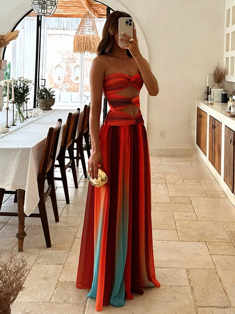 Chic multicolore bretelles Maxi Robe coupe ajustée dos nu évider Patchwork à volants femmes Robe de Bikini nouvelle dame Boho vêtements de plage