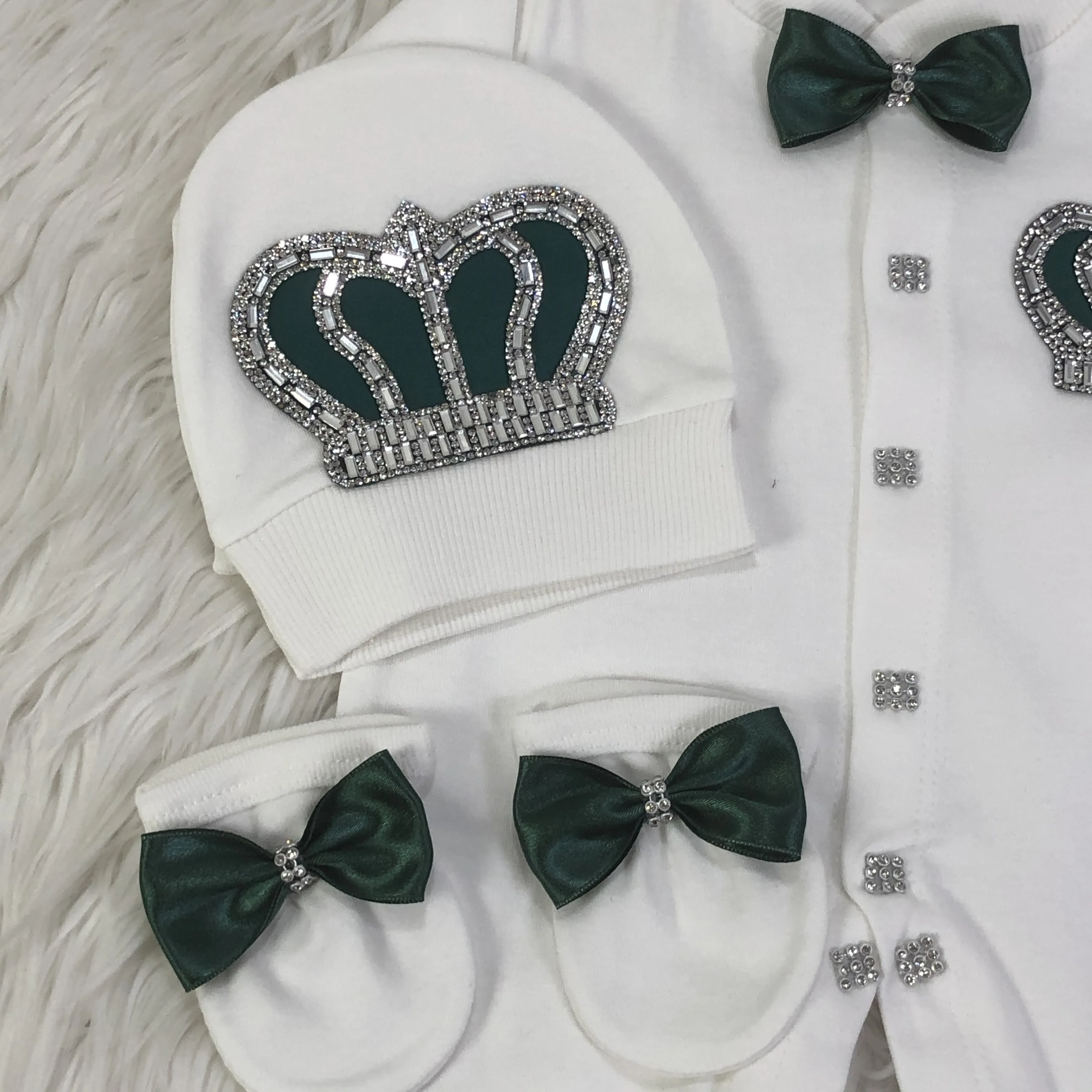 Dollbling Emerald Gold Crystal Luxury Baby Bling Romper Set My 1st Christmas Photography 4pcs Romper Hat Mittens Shoes Set