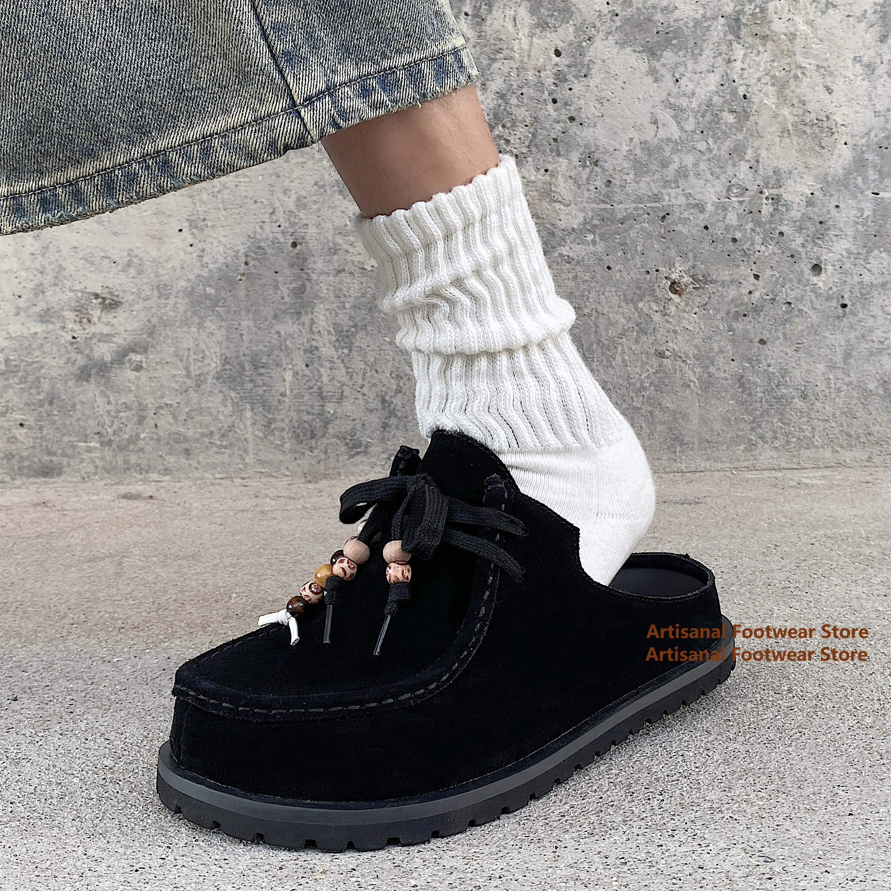 Black Suede Wooden Bead Lace Up Mules Slippers Vintage Thick Non-Slip Sole Casual Shoes Closed Toe Slip On Slippers Men's Shoes