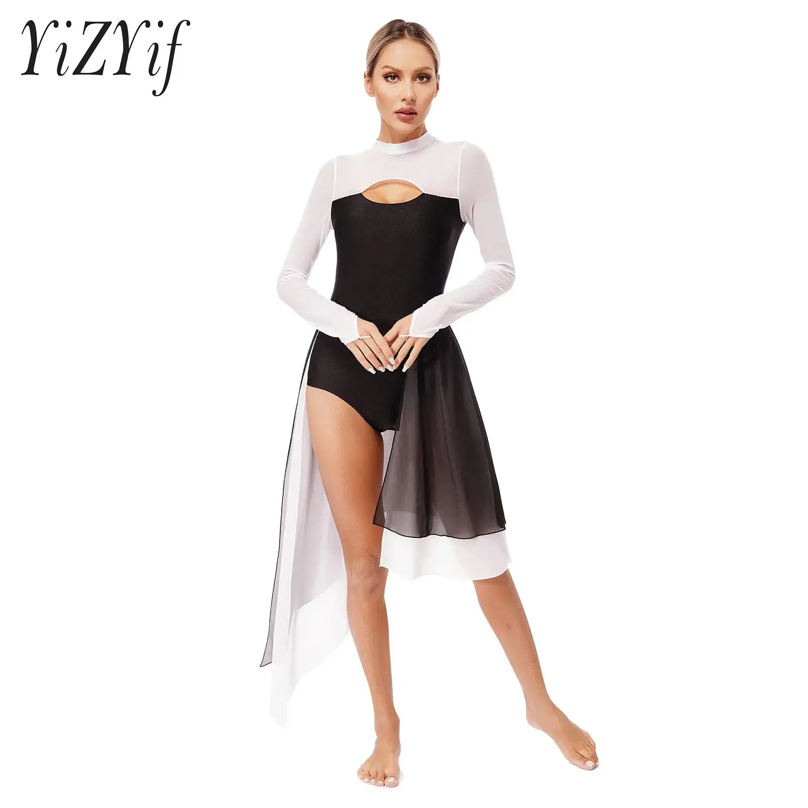 

Women Lyrical Dance Dresses Performance Costumes Cutout Backless Jumpsuits Long Sleeve Irregular Hem Skirt for Dress Up Party