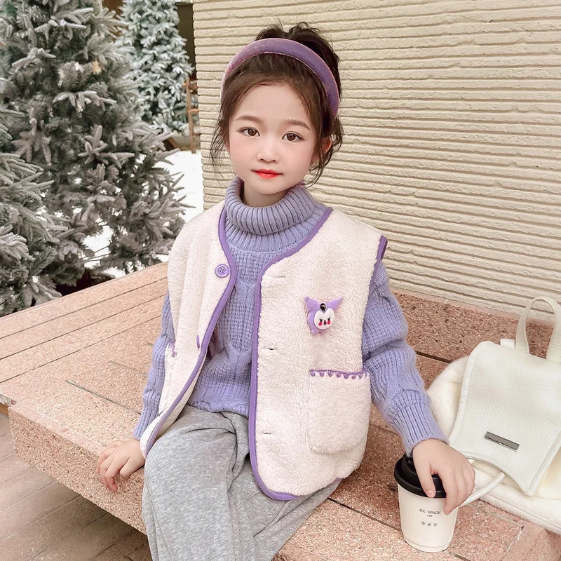 Sanrios Girl Wear Outside Vest Kuromi Autumn Winter New Plus Velvet Thicken Keep Warm Kawaii Cartoon Child Clothing Cotton Vest