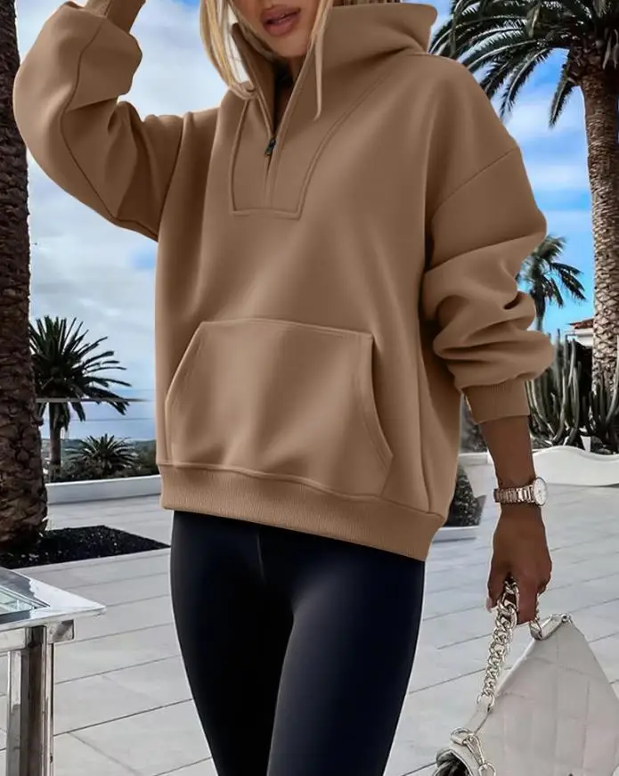 Women's Sweatshirts 2025 Spring Autumn New High Neck Half Zip Long Sleeve Kangaroo Pocket Sweatshirt Casual Drop Shoulder Top