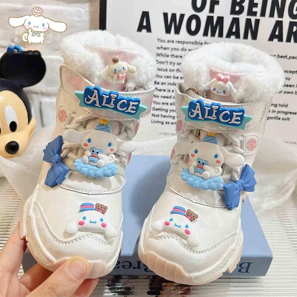 Cinnamoroll sepatu bot salju putih anak-anak Anime Sanrio sepatu bot pendek antiselip wajah kulit lucu bot Natal Anak perempuan tahan air hangat