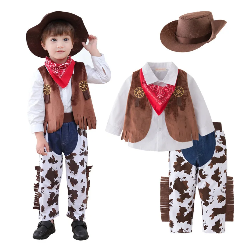 Boys Cowboy Costume For  Cosplay Clothing Sets Vest+Trousers Pants+Scarf+Hat 4pcs Toddler Outfits Suit