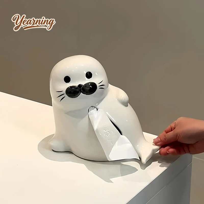 

2026 New Seal Ceramic Tissue Box Cute Napkin Holder for Home Living Room Desktop Decor