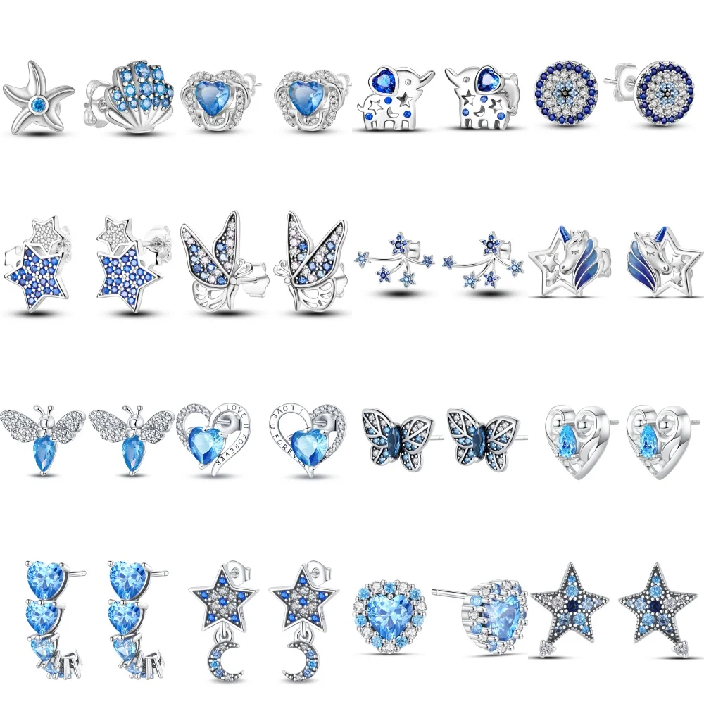 Hot 925 Sterling Silver Star Moon Blue Series Stud Earrings Zircon For Women Exquisite Daily Wear Jewelry Accessories Party Gift