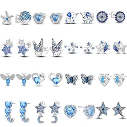 Hot 925 Sterling Silver Star Moon Blue Series Stud Earrings Zircon For Women Exquisite Daily Wear Jewelry Accessories Party Gift