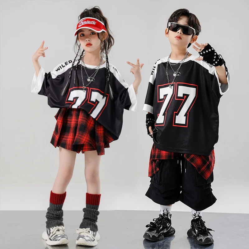 Boys Hip Hop Outfit T-shirt Shorts Girls K-pop Oversize Top Street Dancing Skirt Children Streetwear Kids Jazz Stage Clothes Set