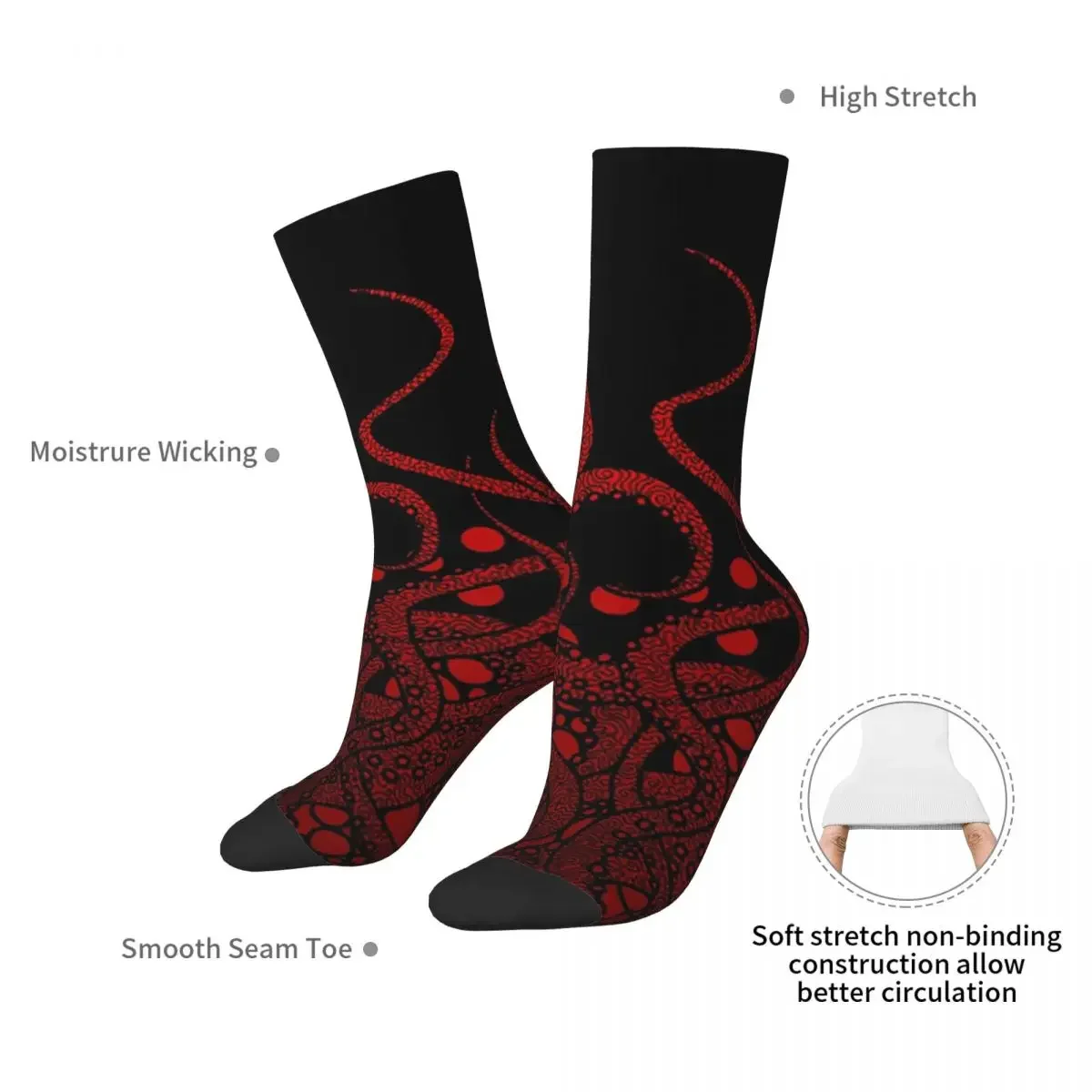 Red Tentacles On Black Socks Harajuku Sweat Absorbing Stockings All Season Long Socks Accessories for Unisex Gifts