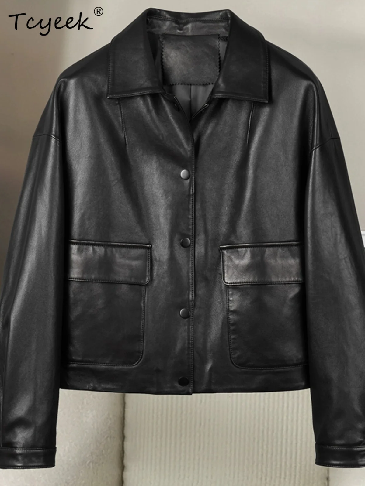 Tcyeek Real Sheepskin Spring Autumn Trendy Lapel Black Short Women's Genuine Leather Jacket Jaqueta De Couro Legítimo Feminina