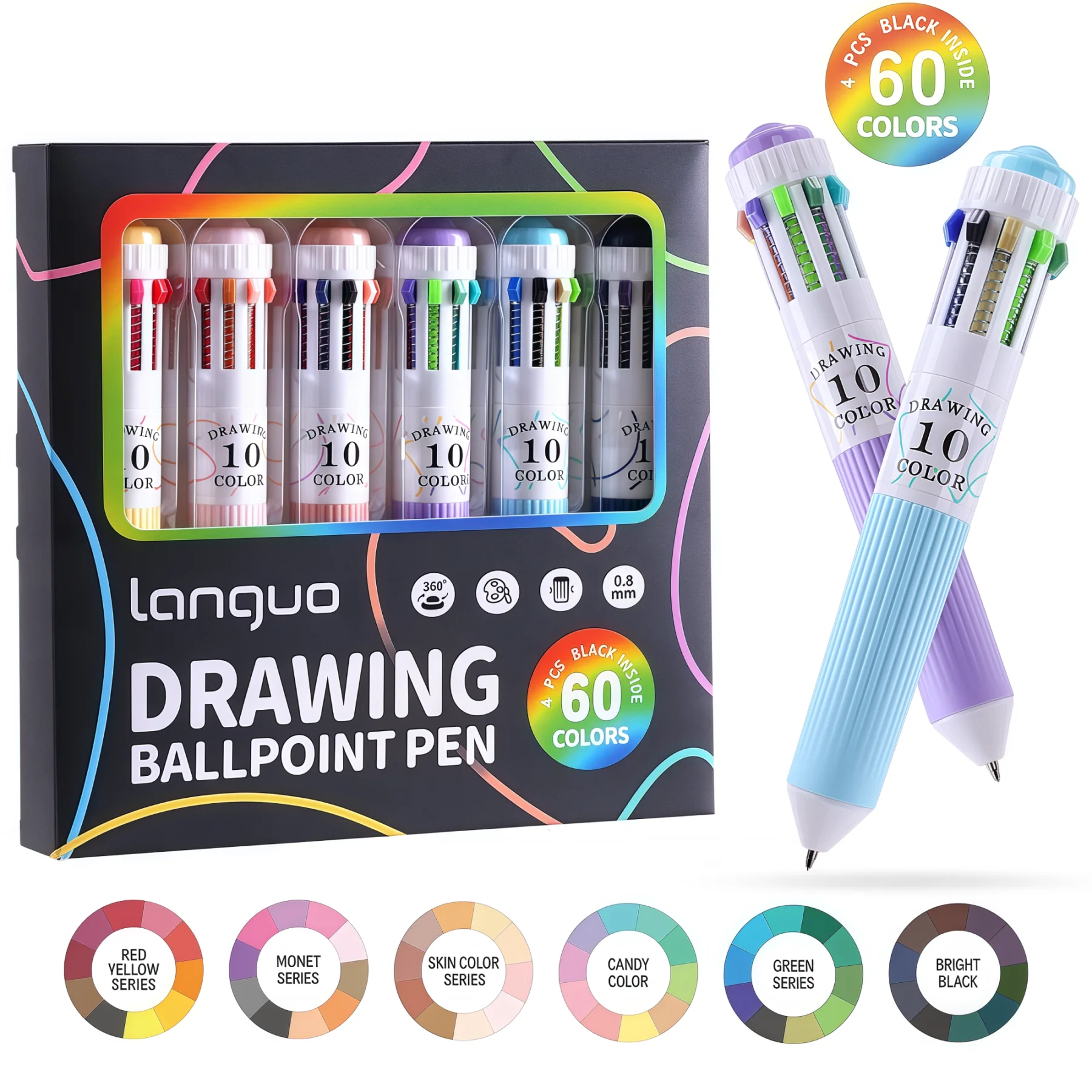 

3/6 упаковок разноцветных ручек, 28/60 цветов, цветная шариковая ручка 10 в 1, 0,8 мм, выдвижные шариковые ручки с тонким наконечником для гладкого письма