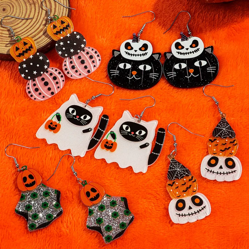 New Horror Ghost Spooky Pumpkin Acrylic Earrings for Women Halloween Bloody lips Skull Cat Dangle Earring Party Jewelry Gifts