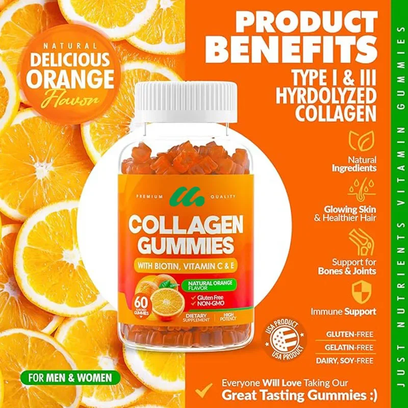 Collagen peptide gummies contain biotin, vitamin C, and E, suitable for both men and women - gluten free, non GMO -60 gummies