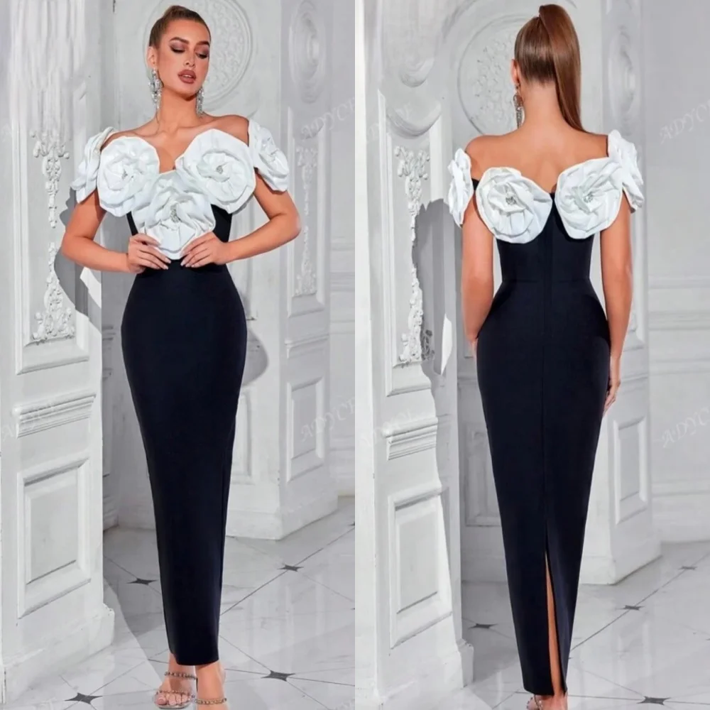 

Customized High Quality Jersey Flower Pleat Straight Off-the-shoulder Midi Dresses Bespoke Occasion Simple