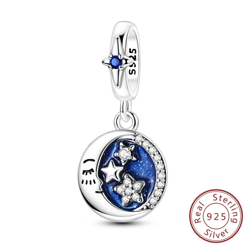 

Delicate 100% 925 Sterling Silver Star Moon Face Dangle Charm Fits Bracelet For Women Fine DIY S925 Silver Jewelry Party Gifts