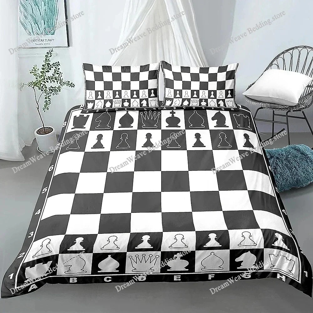 

Chess Board Duvet Cover Set 3D Print International Chess Black White Comforter Cover for Boys Girls Polyester Bedding Set