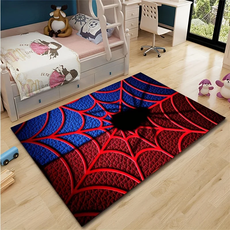 3D Spider Web Print Area Rug - Vibrant Red, Blue & Black Design, Soft Crystal Velvet Mat for Bedroom, Nursery, Living Room