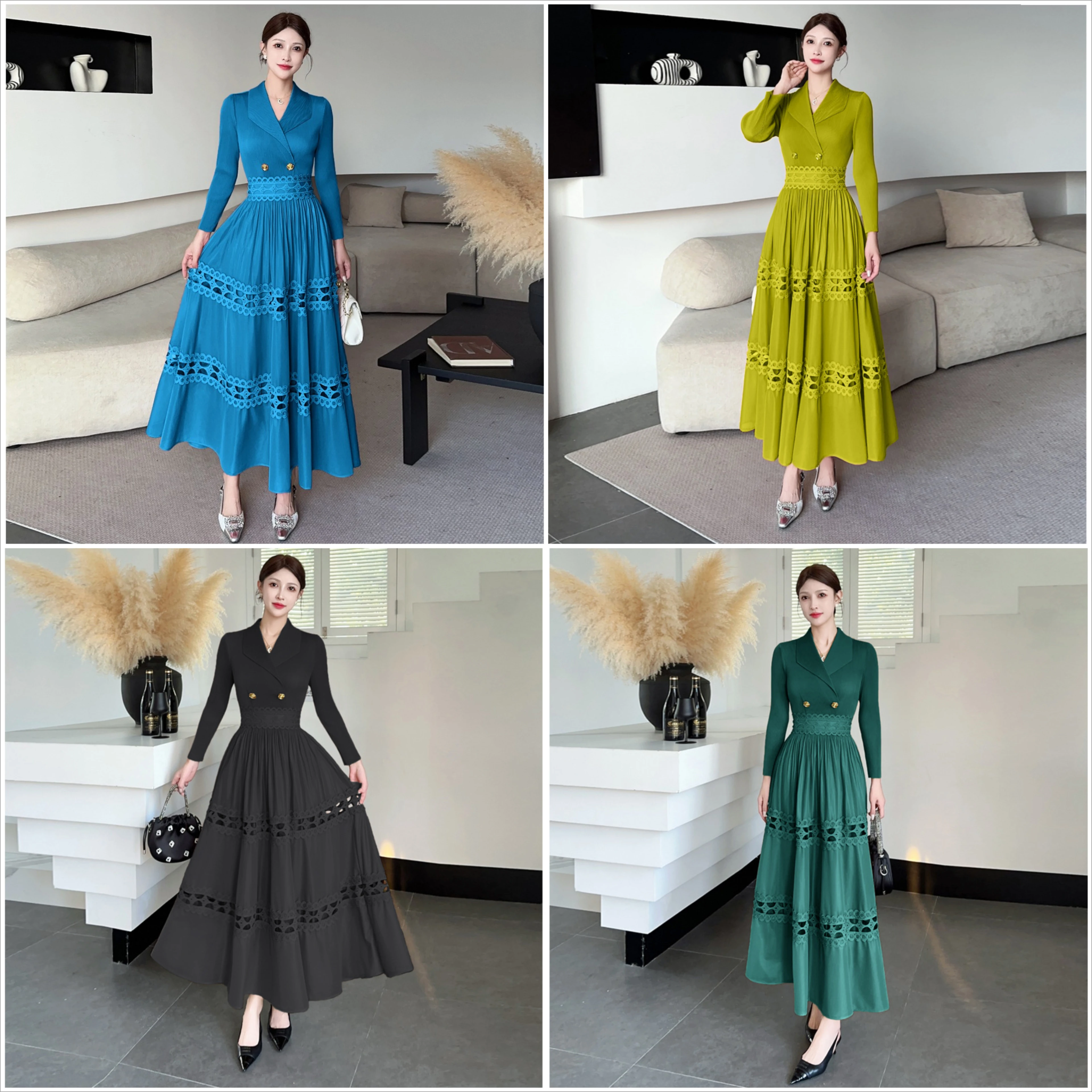 

Miyake Pleated New 2025 Women's Suit Collar Temperament Long Sleeved Patchwork Lace Hollow Waist Slimming Elegant Long Skirt