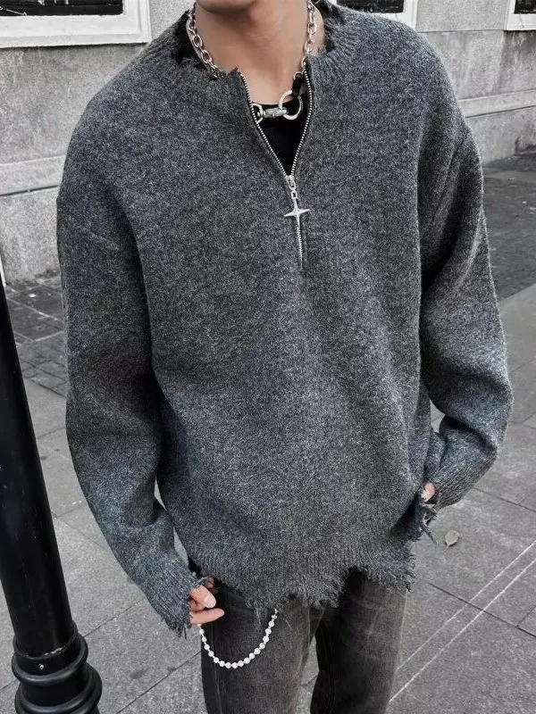 

Retro Hole Destroyed f Zip Knitted Sweater Loose Versatile Trendy Overhead Lazy Sle Outerwear Cool Commute Faion