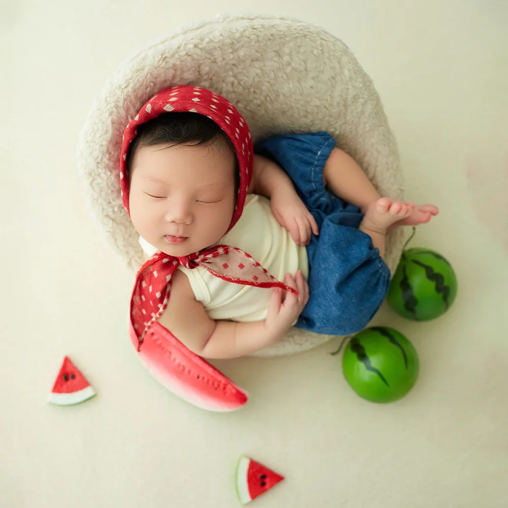 Newborn Girl Photography Outfits Short Sleeve Shorts Hat 3pcs/Set Photo Clothes Studio Summer Watermelon Theme Photoshoot Props