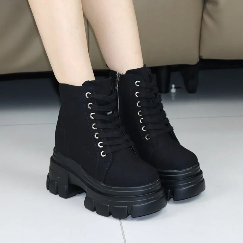Autumn Winter Women Fashion Boots 10cm 12cm Thick Sole Wedge Heels High Top Canvas Sneakers Casual Elevator Shoes Chunky Footwea