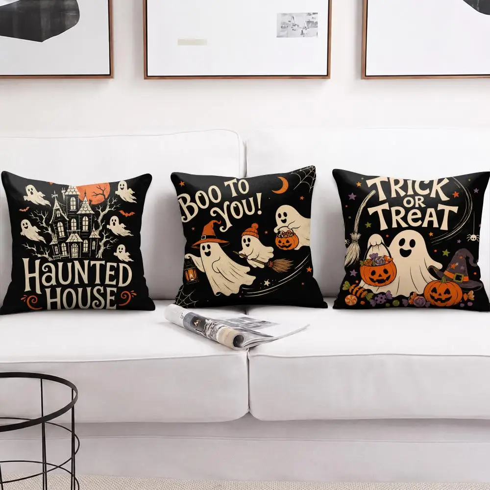Trick Or Treat Doodle Cushion Cover Soft Short Plush Pillow Cover Smooth Cozy Texture Aesthetic Cushion Case Home Decor