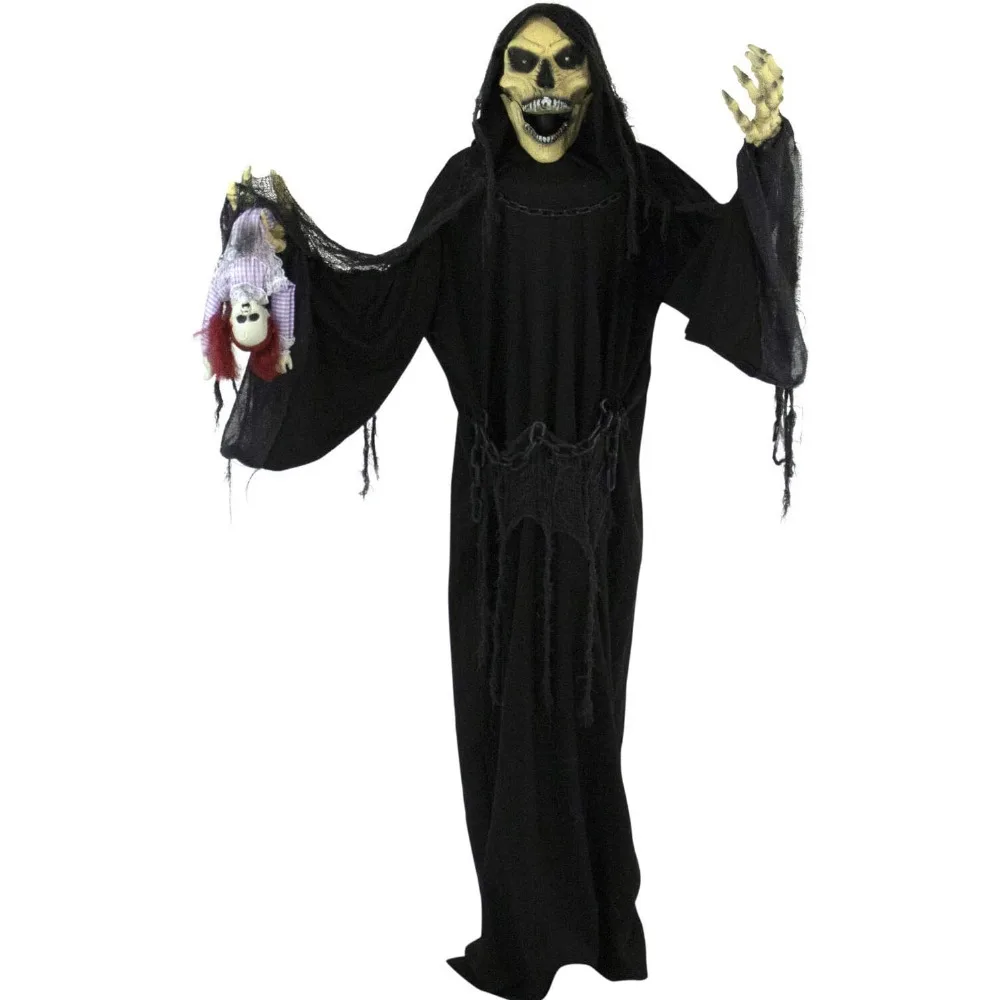 Halloween Life-Size Reaper Halloween Animatronic, Indoor or Outdoor Halloween Decoration with Flashing Colorful Poseable Battery