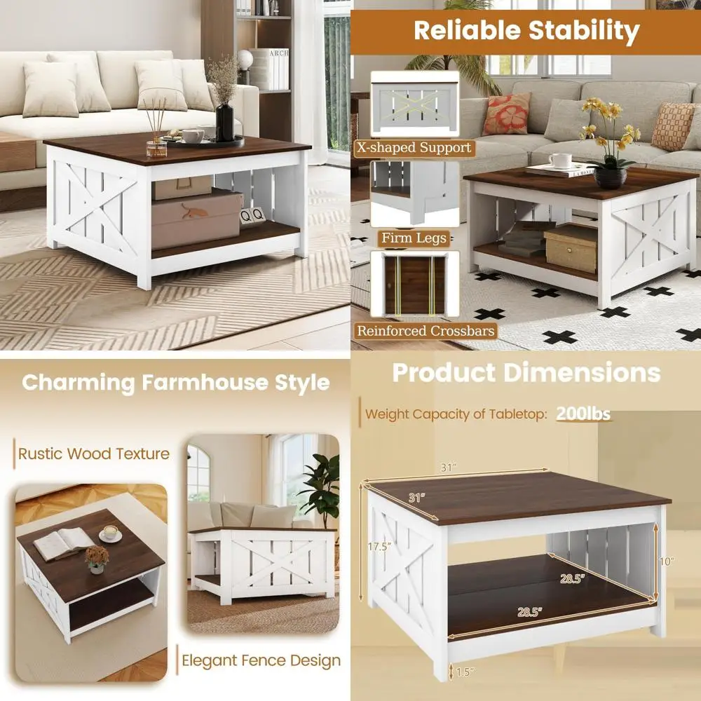 Modern 31 Square Coffee Table with Open Storage Shelf, 2-Tier X-Shaped Design, Barn Fence Style