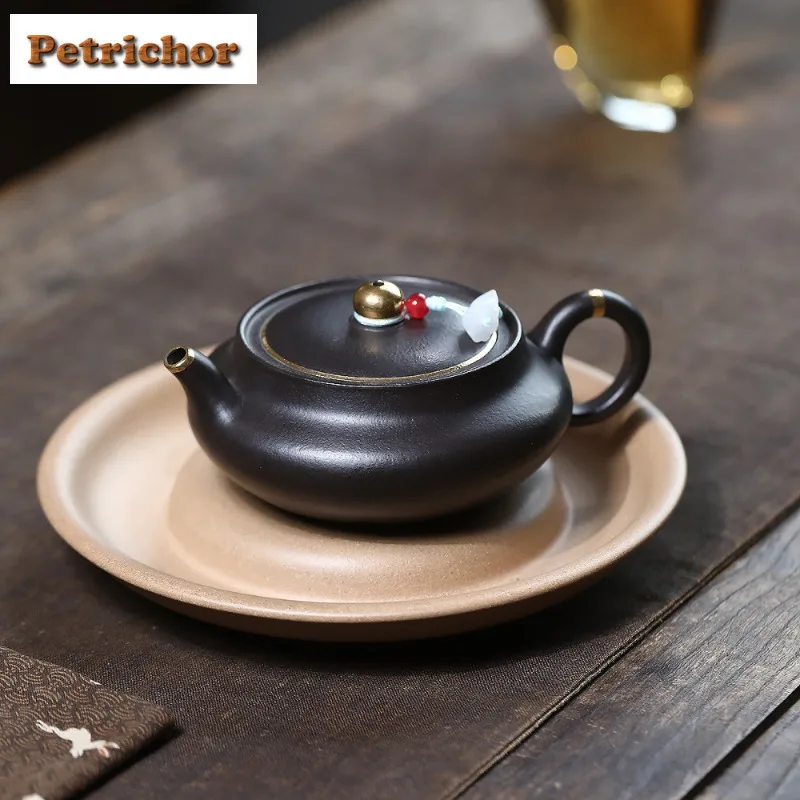

180ml Yixing Purple Clay Teapots Handmade Gold Drawing Mulberry Pan Pot Raw Ore Black Zhu Mud Kettle With Filter Zisha Tea Set