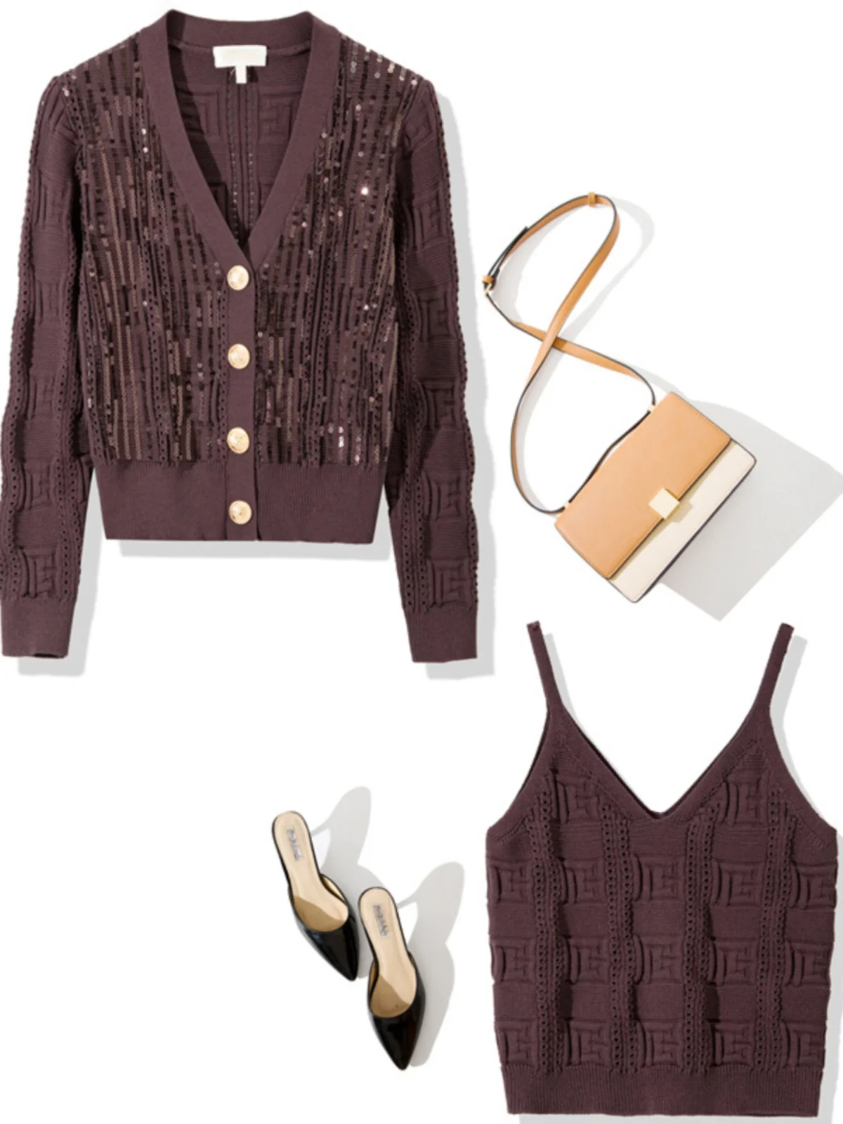 

Loose Long Sve V-Ne Knitted Cardigan Women's Design Sense Metal Sequin Embellied Wooden Sequin Faionable Sweater