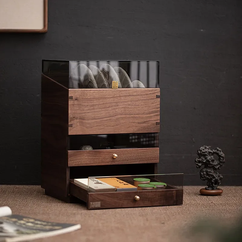 Walnut solid wood bucket cabinet dental cabinet tea cake tea set accessories Wenwan tea room household advanced storage locker