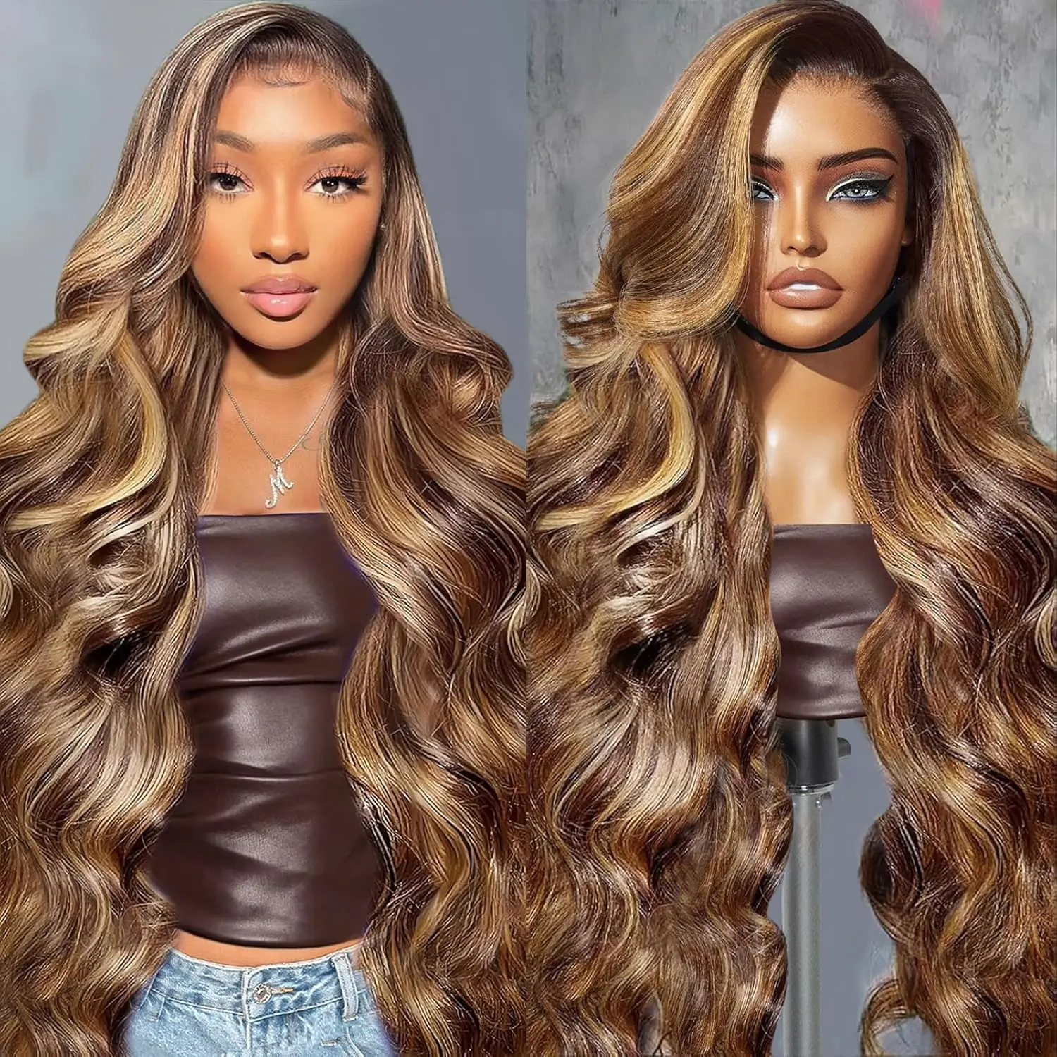 Perruque ondulée lisse 4/27 13x4 avec partie libre en dentelle, brun miel, 250% de densité, pointes soyeuses, 24 pouces, facile à poser pour débutantes, filet intérieur ajustable, douce