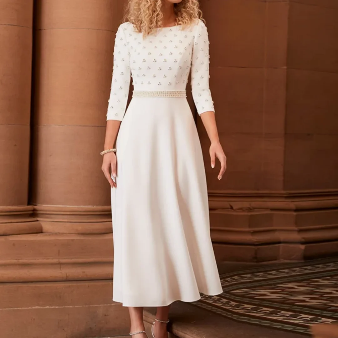 Scoop Neck Beading Pearls Tea Length A Line Wedding Guest Gown Cocktail Party Dresses Mother of The Bride Dress Customized