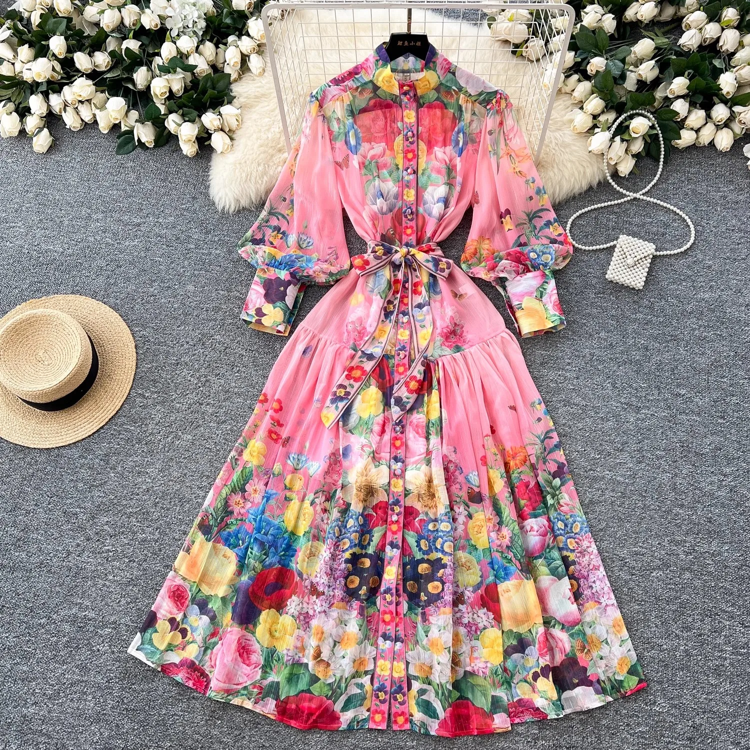 

2025 Summer Bohemian Chiffon Maxi Dress Women's Stand Collar Long Lantern Sleeve Floral Print Belt Lace Up Beach Vestidos