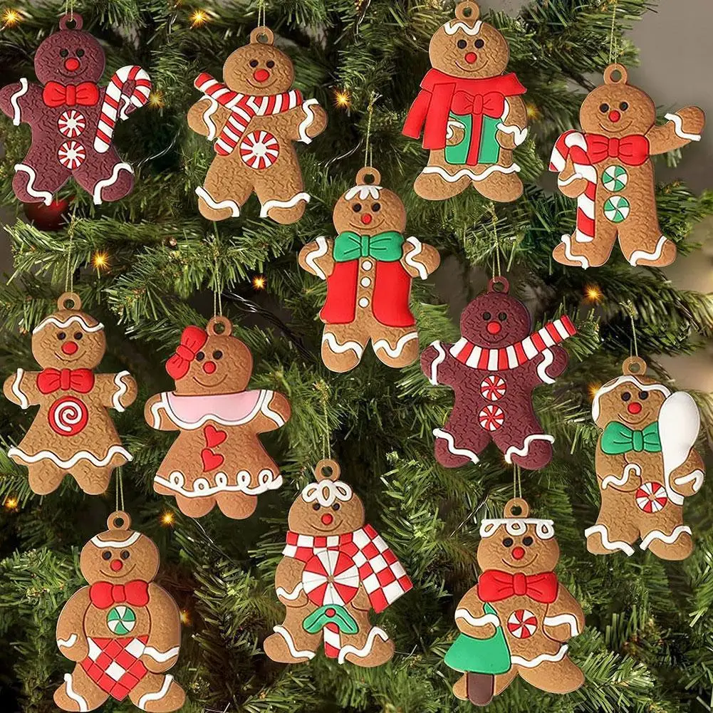 12pcs Gingerbread Man Ornaments For Christmas Tree Assorted Plastic And For Christmas Tree Hanging Decorations ﻿