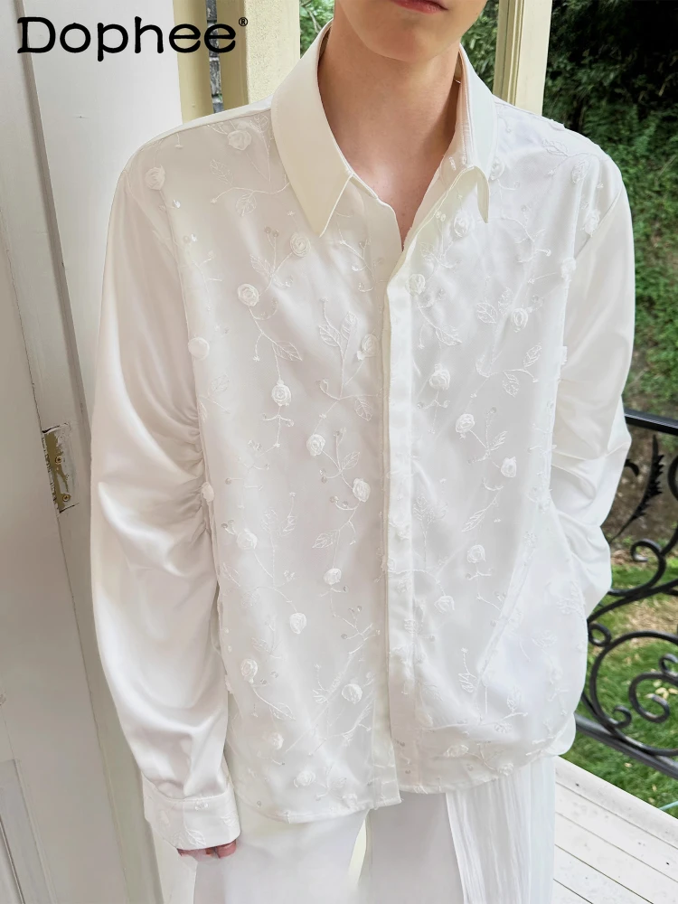 

2025 Autumn New High-End Tops Male Long Sleeve Stand Collar Small Flower Design Shirts Men's Trendy Fashion Light Luxury Shirts