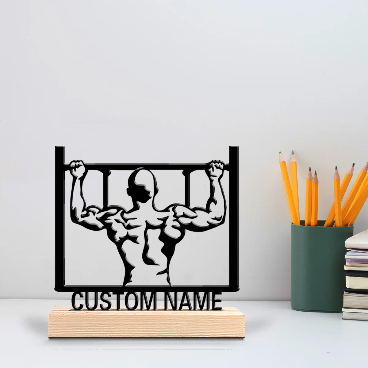 1pc Minimalist Pull-up Personalized Letter Tin Statue Art Crafts With Wood Base Iron Statue With Wood Base For Office Room Decor