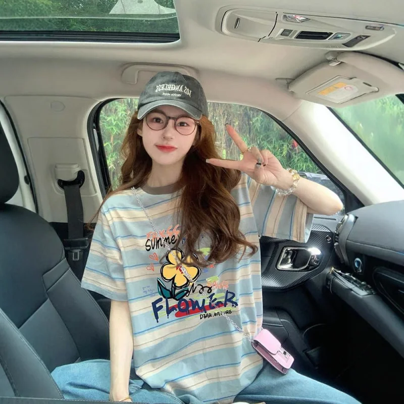 

Color Block Striped Loose Fit Women's T-Shirt