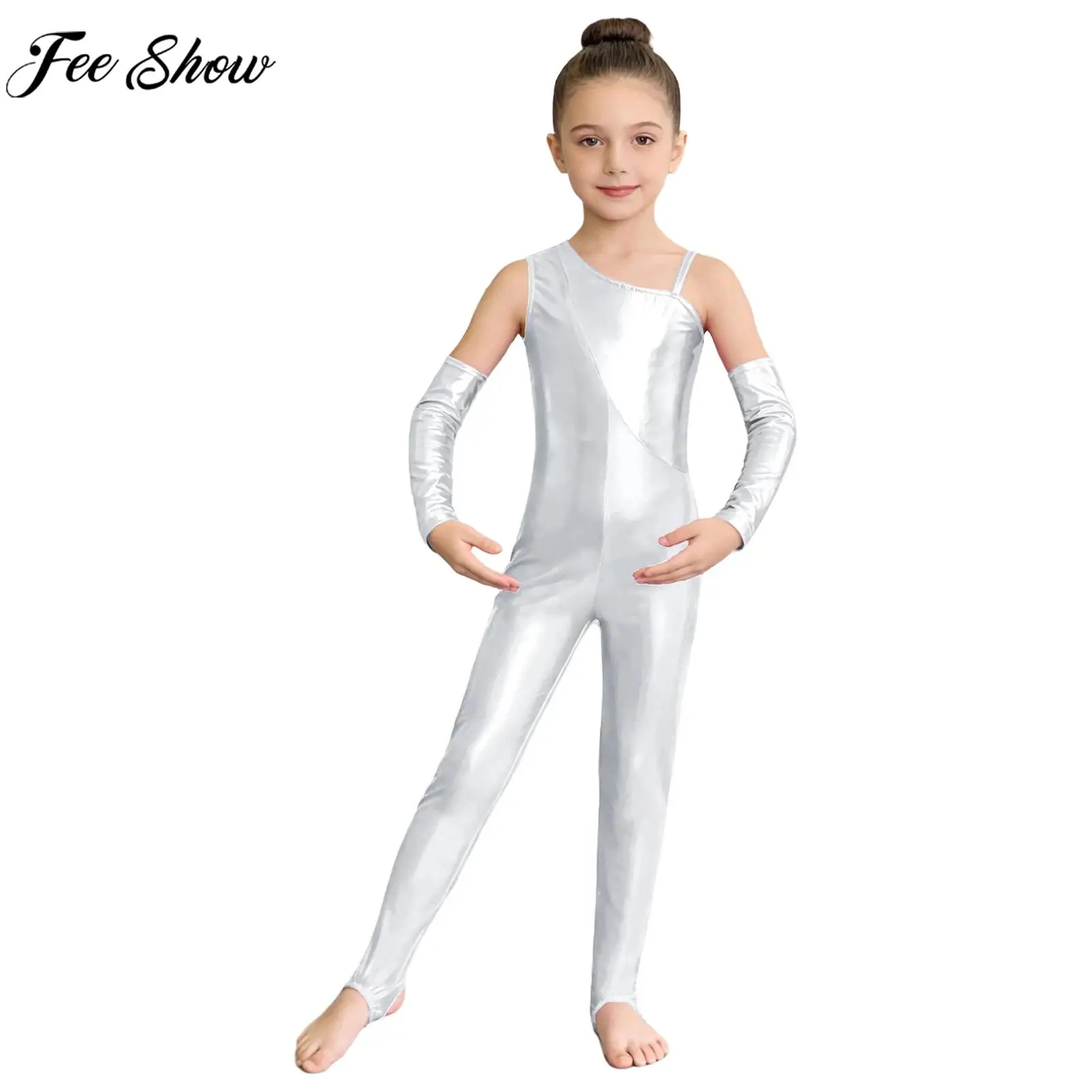 Kids Girls Ballet Dance Gymnastics Leotard Metallic Shiny Zipper Figure Skating Acrobatics Yoga Stirrup Jumpsuit with Sleeves