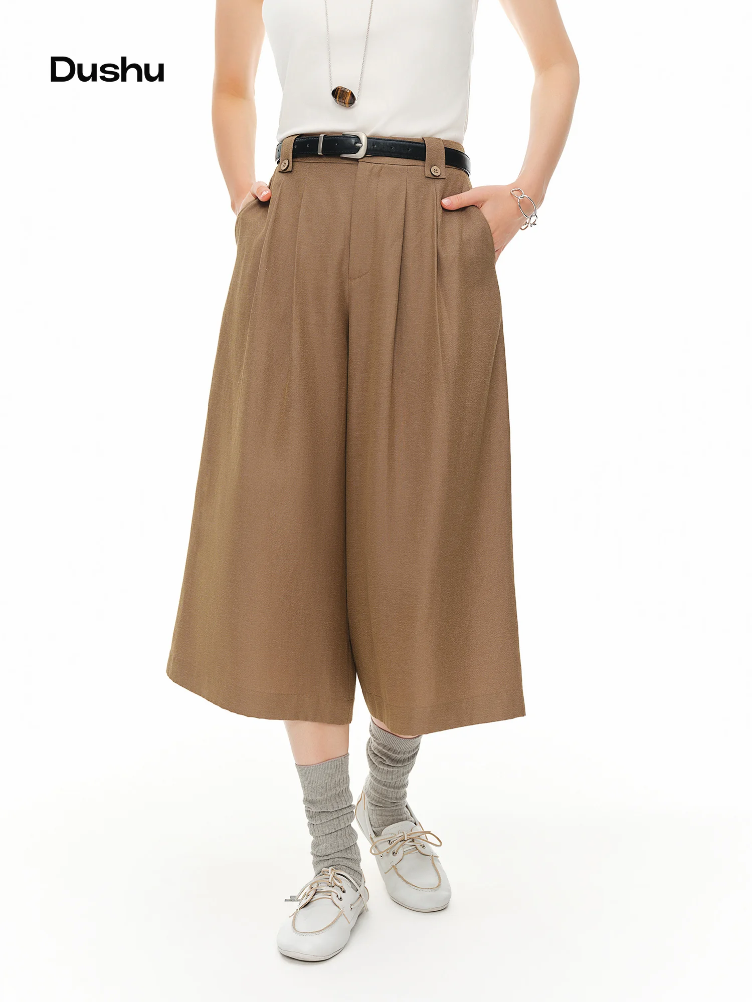 

DUSHU 2026 Summer Women‘s Linen Blend Cropped Wide Leg Pants High Waist Relaxed Trousers for Healing Commute Quiet Luxury Style