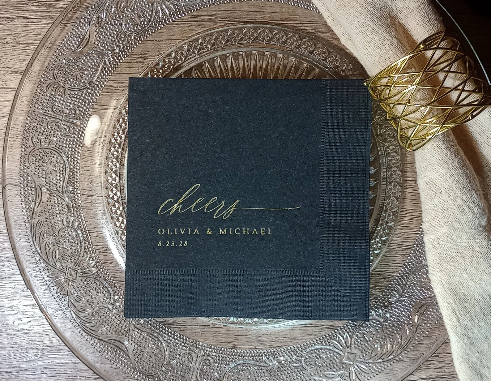 Personalized Wedding Napkins | Gold Foil Napkins | Cheers Napkins | Rehearsal Dinner Napkins | Engagement Napkins | Black with G