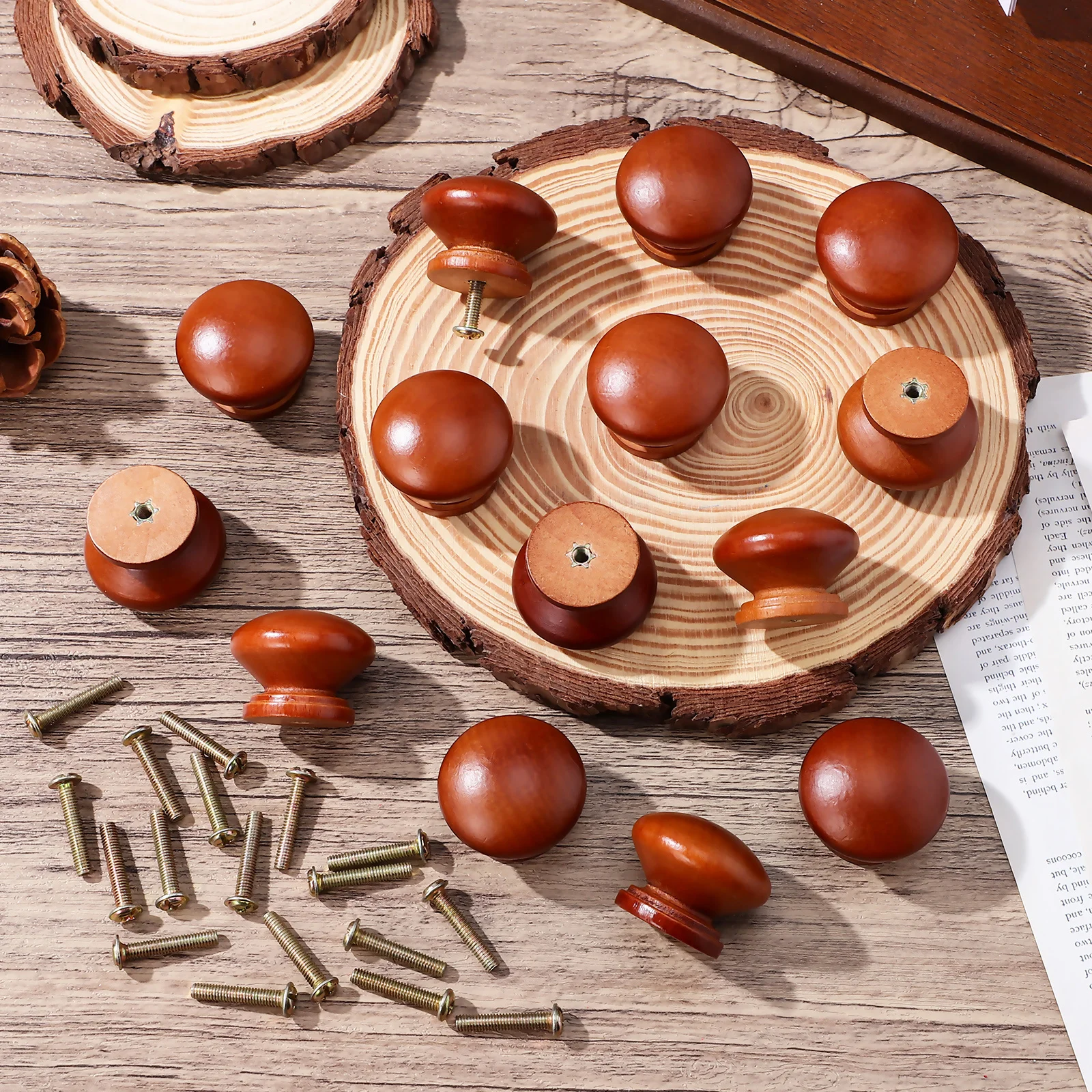 20Pcs Furniture Knobs Solid Wood Round Pulls with Screws Easy Install for Cabinet Drawer Door Upgrade Home Decor Hardware