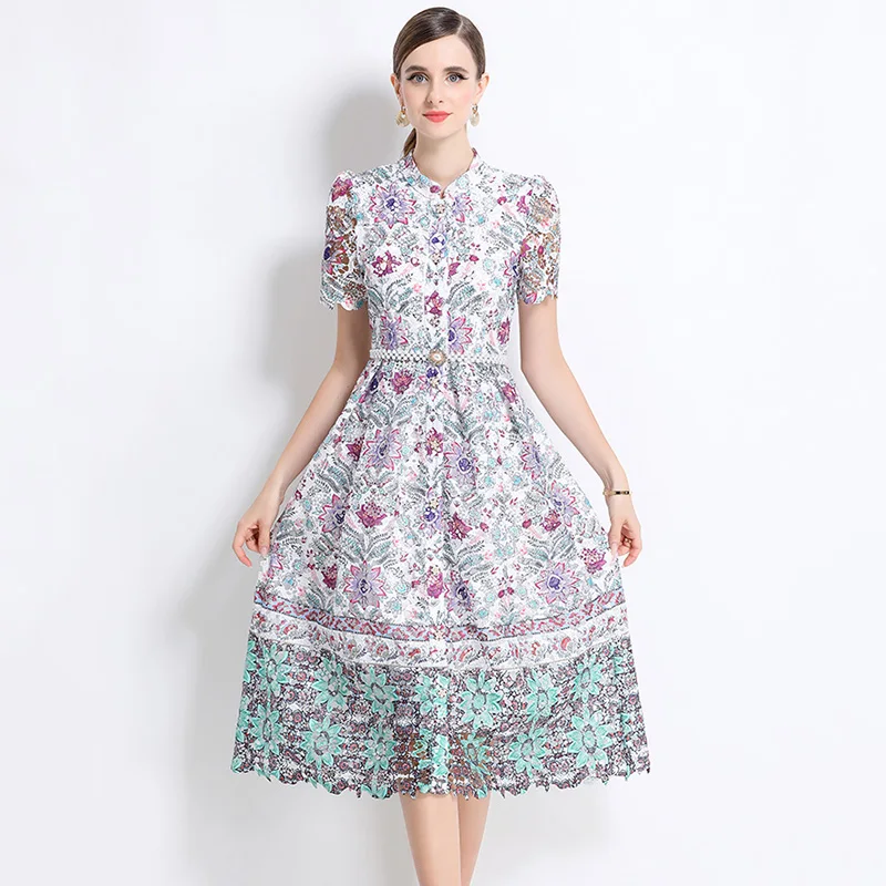 

Summer Short Sleeve Luxury High-end Women Dress Fashionable Vintage Printed Mid Length Party Dresses
