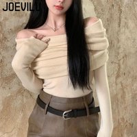 Off Shoulder Knitwear Jumper Korean Fashion Design Long Sleeve Top Ladies Chic Sweater Women Spring Sexy Skinny Bottoming Shirt
