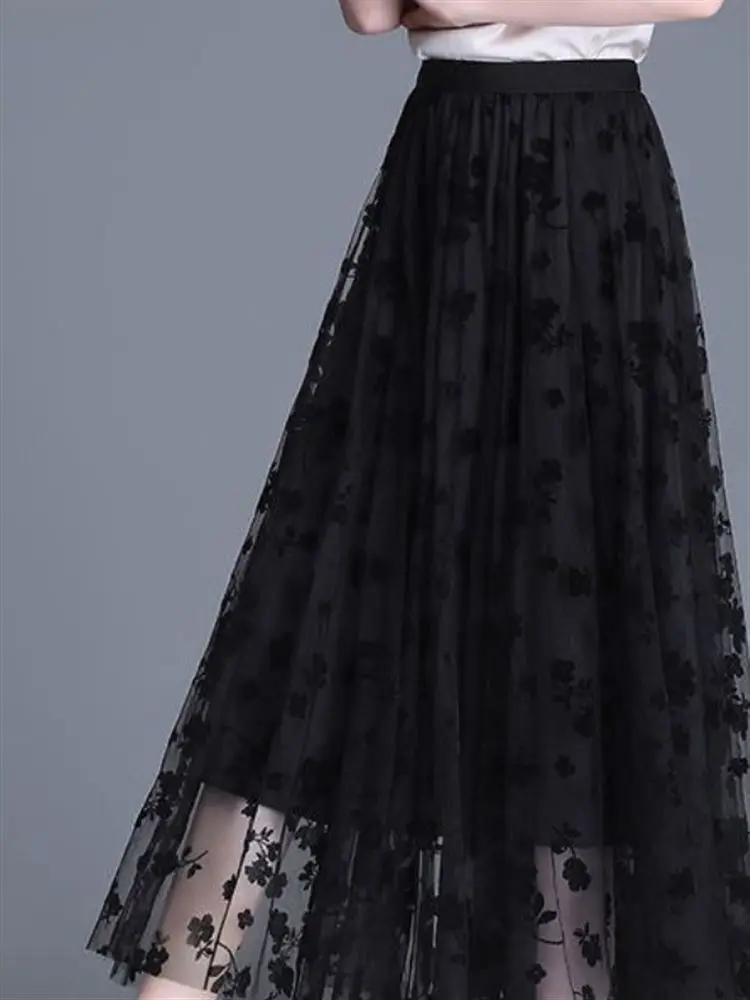 

Floral A-Line Midi Skirt High Waist Me Gored Skirt Women's Fairy Skirt Sle Pleated f-length Slimming Net Skirt