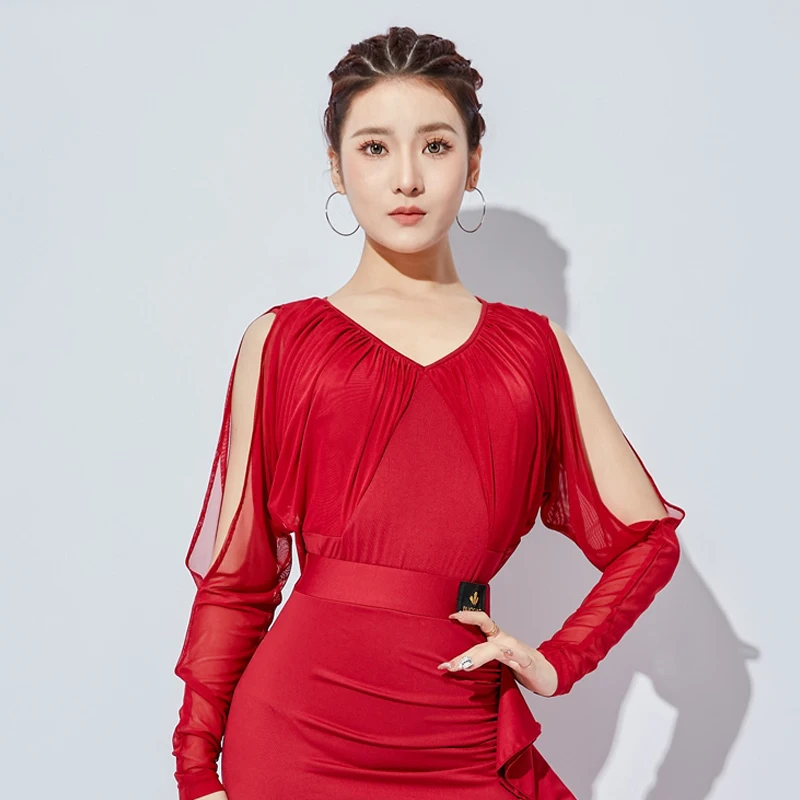 أسود اللاتينية ملابس رقص المهنية الرقص ارتداءها طويلة الأكمام الجوف خارج يوتار النساء التانغو قاعة الرقص الملابس 3322 #2