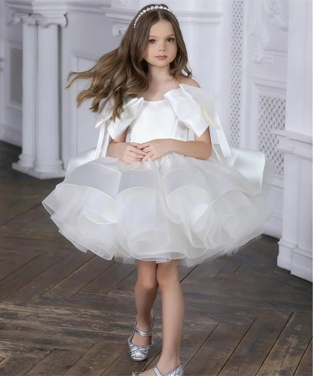 

Cute Satin Flower Girl Wedding Dress Off Shoulder Tiered with Bow Puffy Princess Birthday Party First Communion Gown Customized