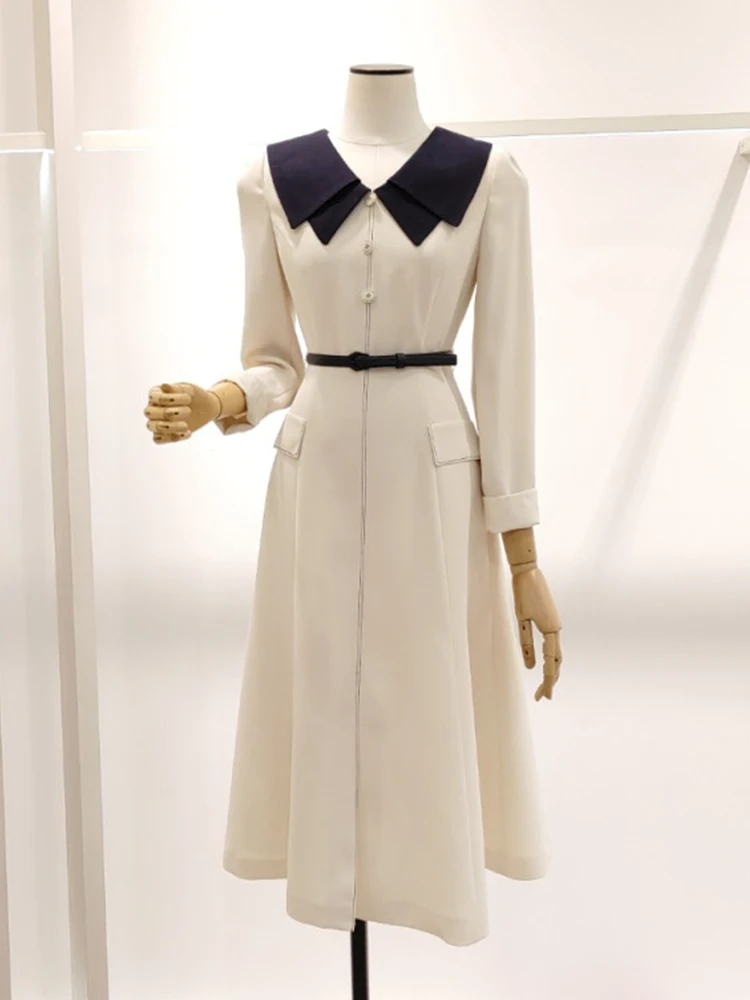 

Faionable Double Layer Collar Single Button Long Sve Patchwork Dr Women's Spring Autumn Slimming Belted Skirt